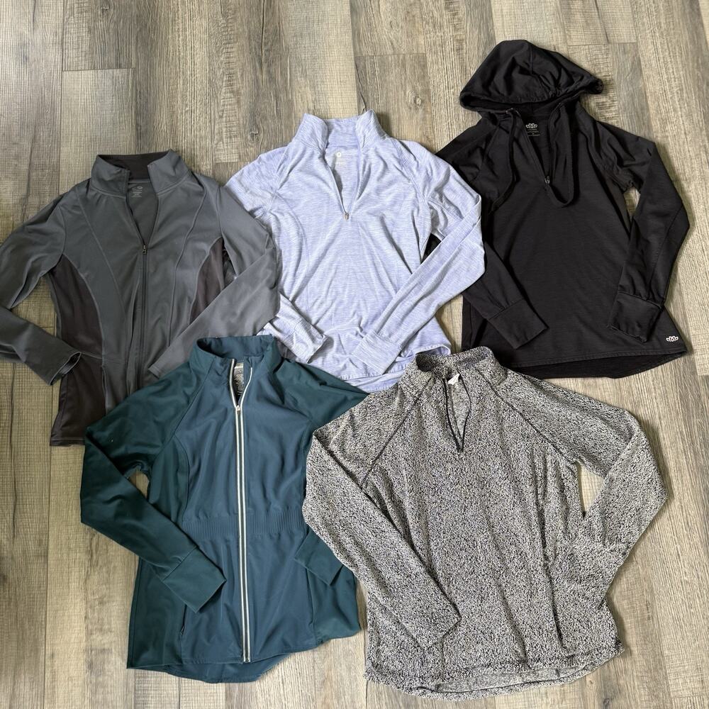 Workout BBL Top Medium Lot Pullover Fitted Zip Up Hoodie Black Gray Blue 5